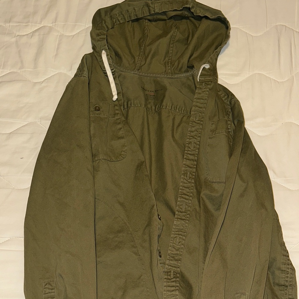American Eagle Men's Olive Hooded Button Up Jacket